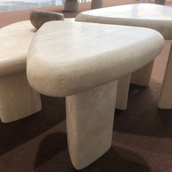 Ancient and Elegant Style Round-Sided Triangle Shaped White Travertine Coffee Table