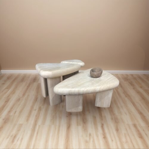 Ancient and Elegant Style Round-Sided Triangle Shaped White Travertine Coffee Table